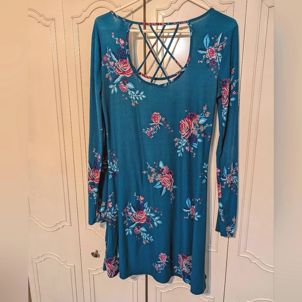 Teal blue & 🌸 pink floral mini dress long sleeve strappy criss cross open back
